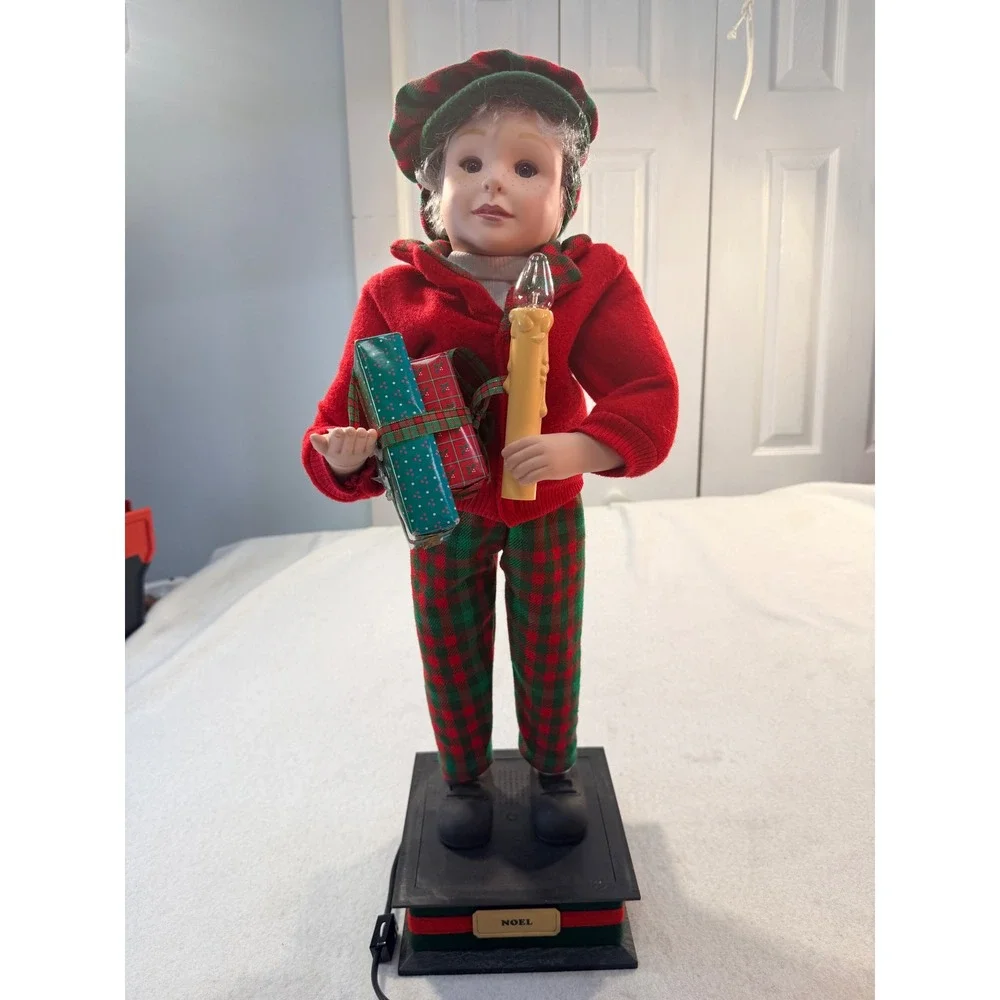Vintage Noel Animated Christmas Boy Figure Lighted Candle Presents Plaid Outfit